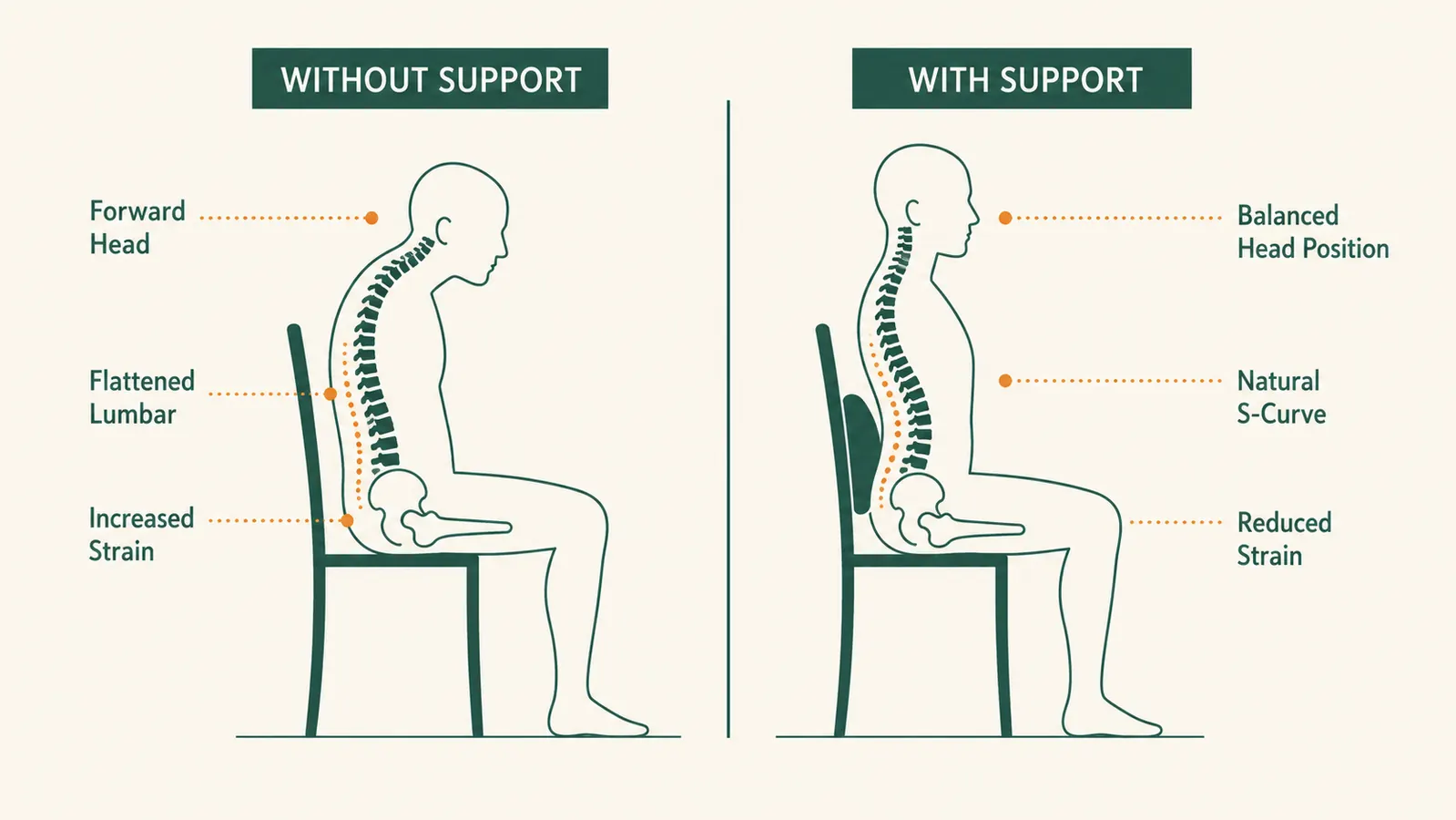 Diagram showing the lumbar curve of the spine with and without support, side-by-side comparison