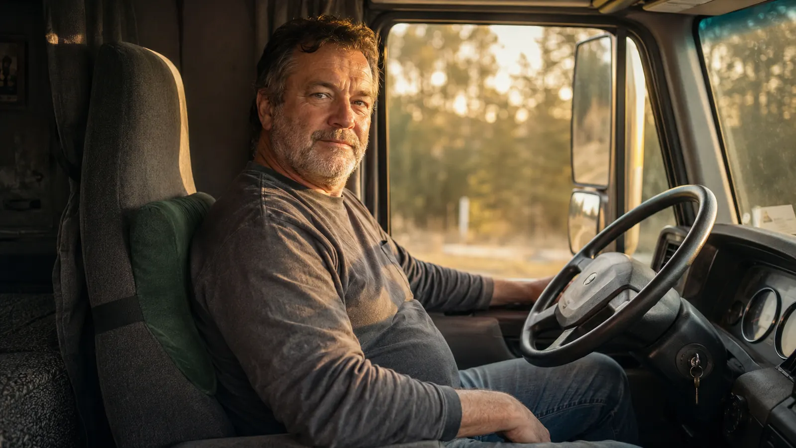 Truck driver sitting in cab with lumbar support pillow visible against seat back, late afternoon light through windshield