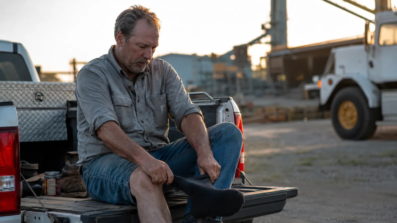 Worker in work boots sitting on a truck tailgate at end of shift removing compression socks, looking relieved