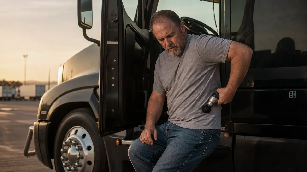 Truck driver using a percussion massage gun on his lower back while sitting on the edge of his cab bunk, early morning light, rest stop parking lot