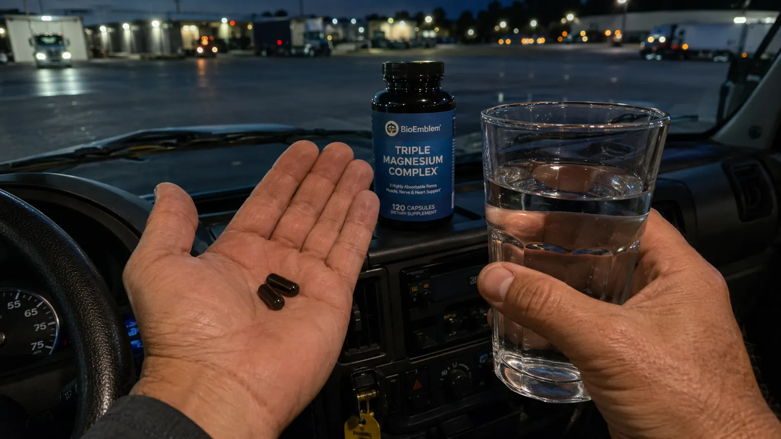 BioEmblem Triple Magnesium capsules in hand next to a glass of water on a dashboard