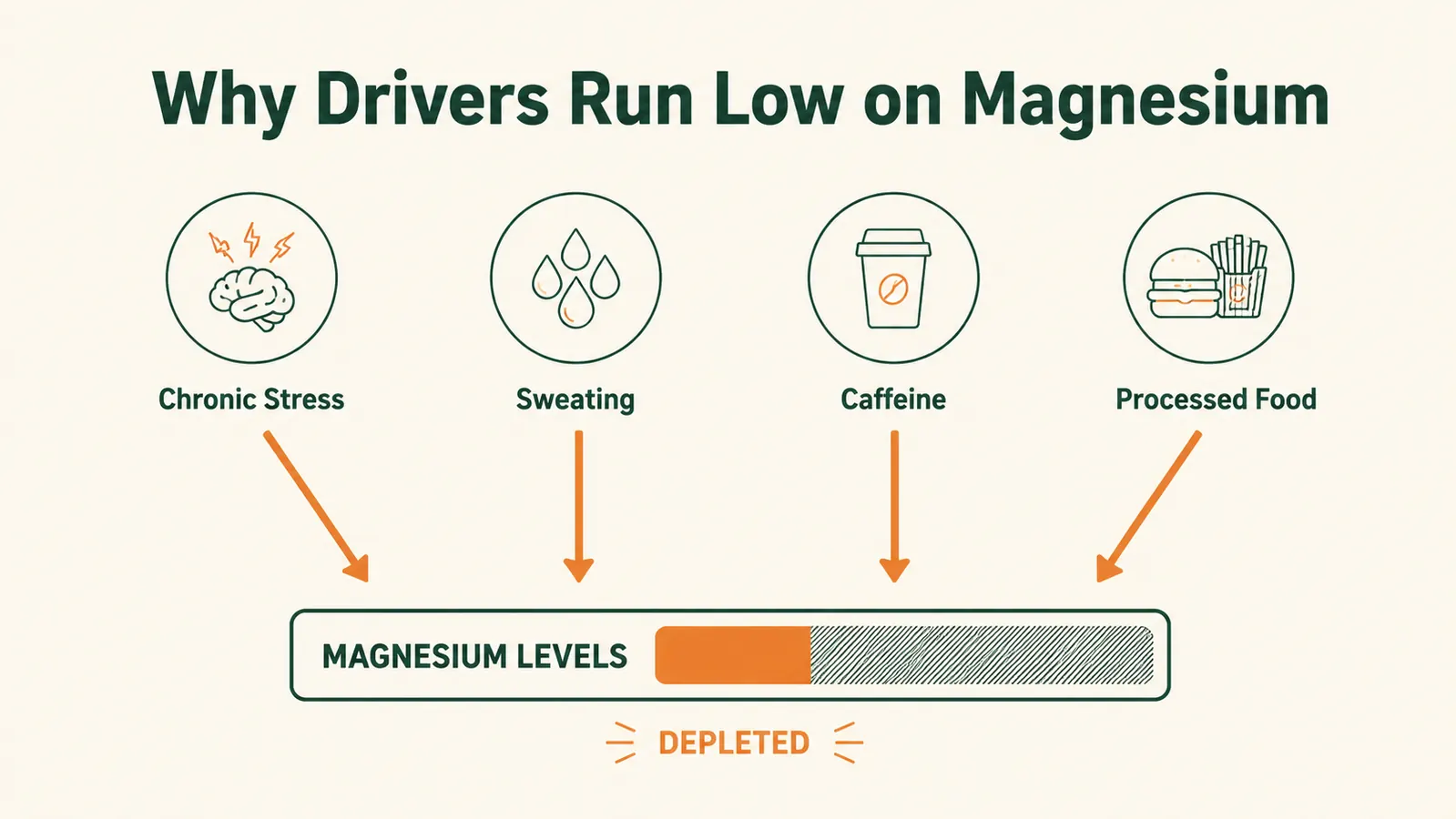 Chart showing magnesium depletion pathways: stress, sweat, coffee, poor diet