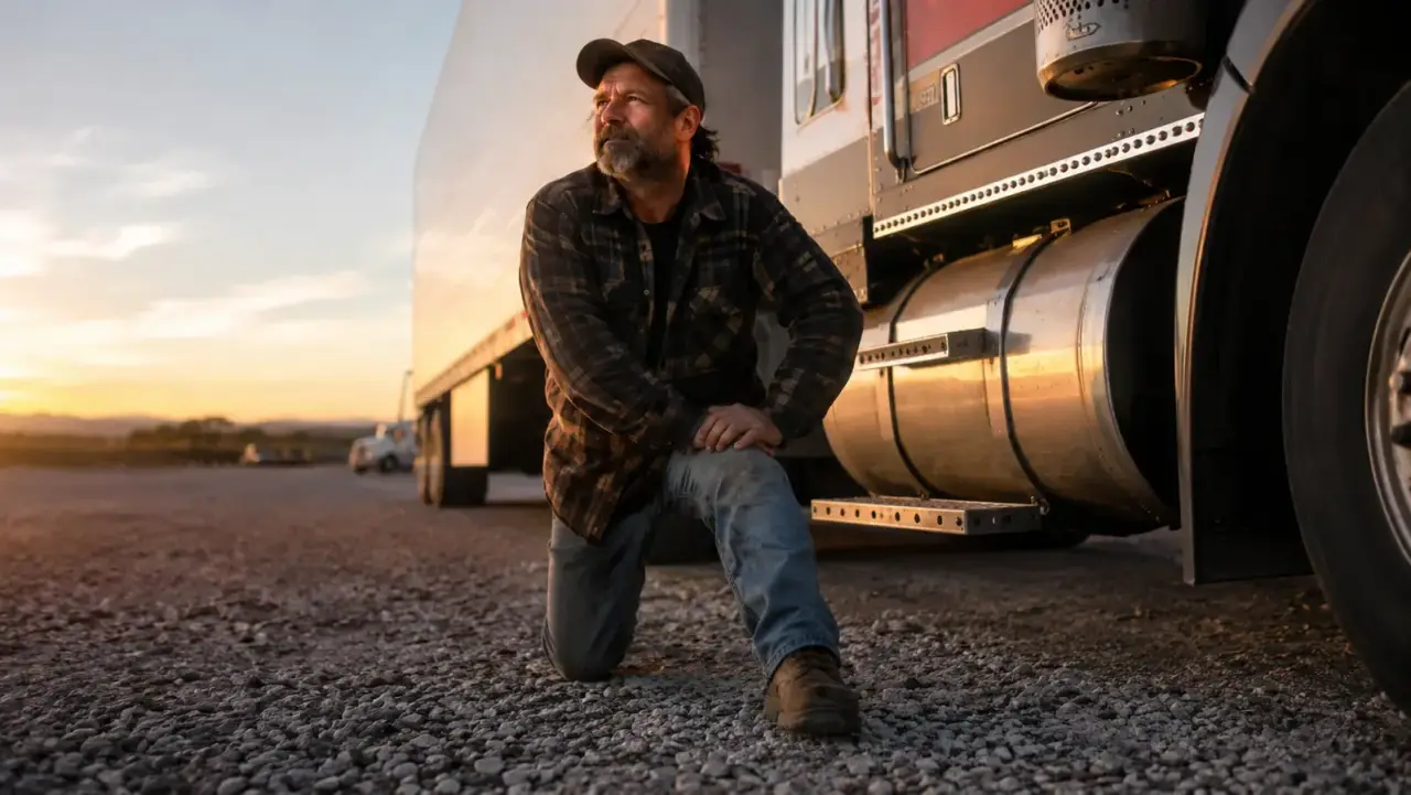 Tired truck driver stretching outside his cab at a rest stop at dusk