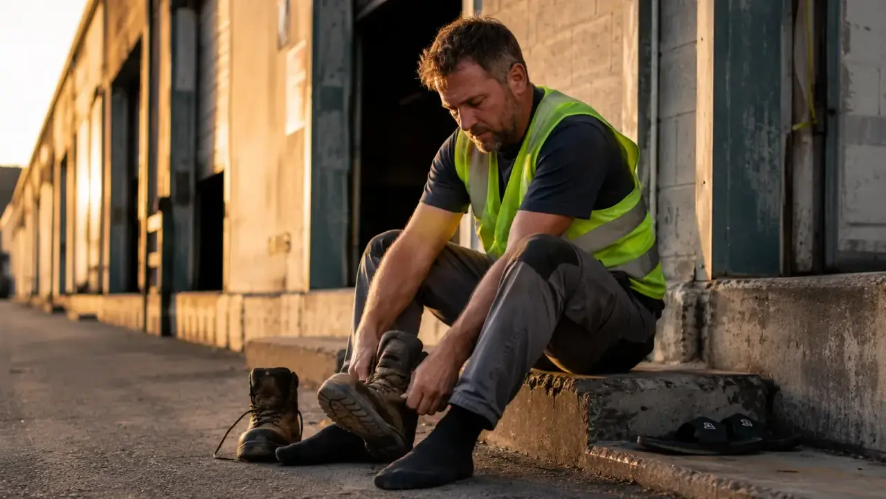 Warehouse worker sitting on a loading dock bench removing steel-toe boots at end of shift