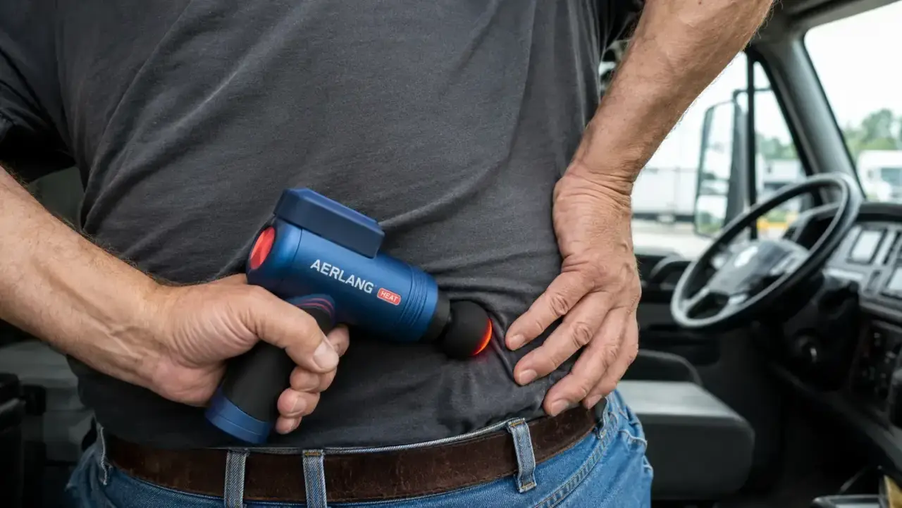 Hand holding the AERLANG massage gun with the heated ball attachment pressed against a lower back area