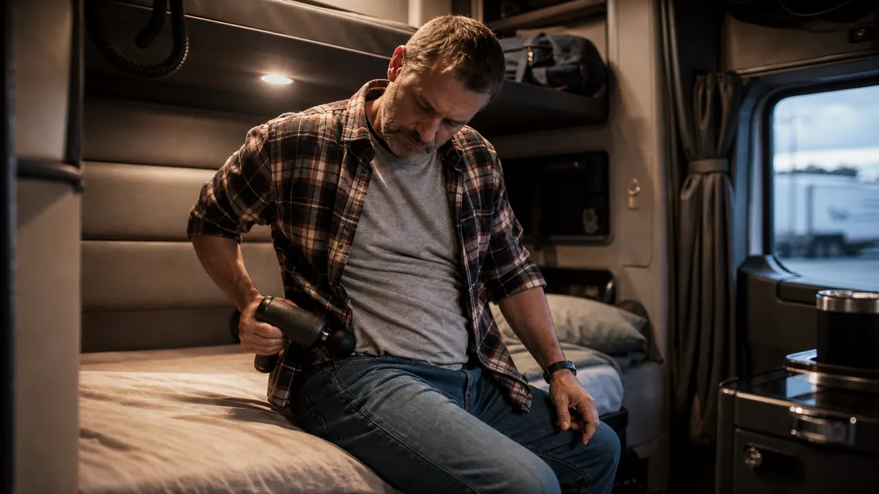 Driver in jeans and a flannel shirt sitting on the edge of a truck bunk applying a massage gun to the outside of his hip, relaxed posture