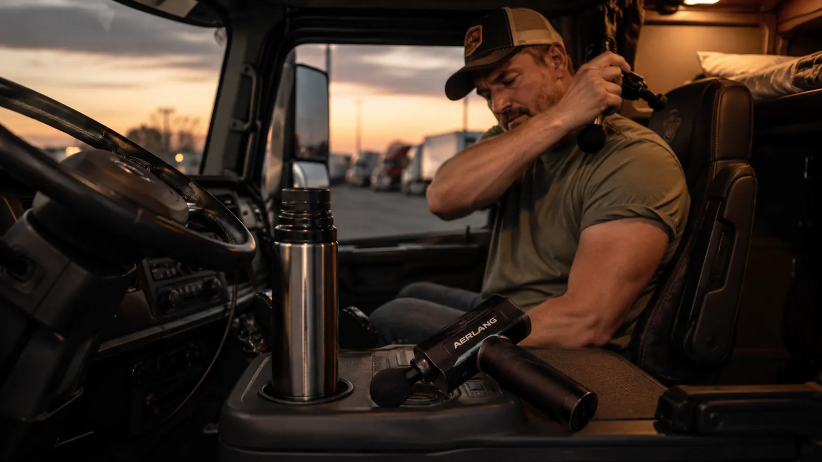 AERLANG massage gun resting on a truck center console next to a thermos, dim cab lighting, late evening