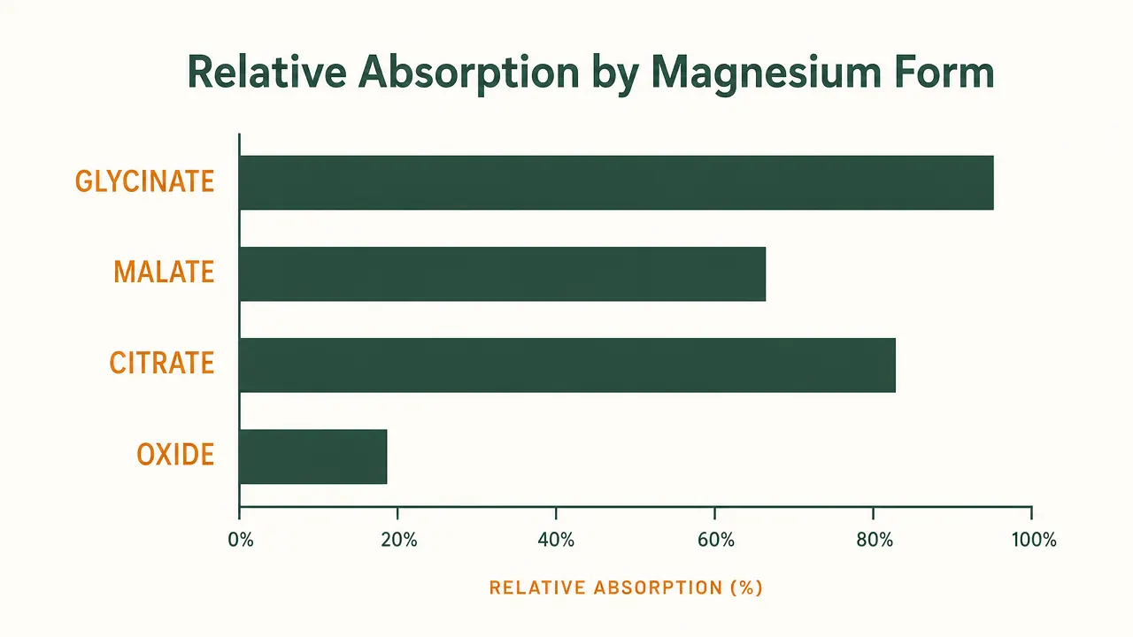 Chart showing magnesium absorption rates for glycinate, malate, citrate, and oxide forms