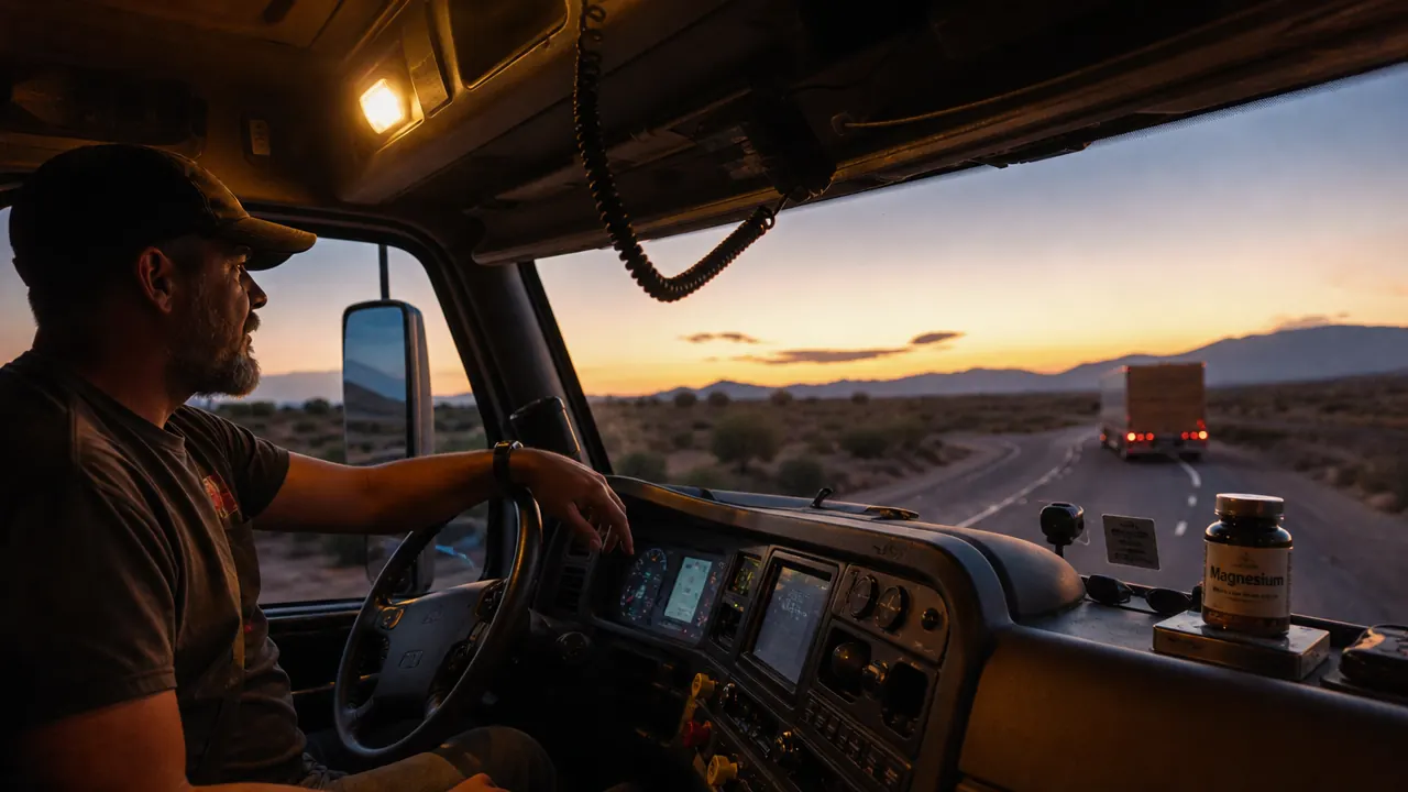 BioEmblem Triple Magnesium bottle sitting on a truck dash at dusk, highway visible through windshield