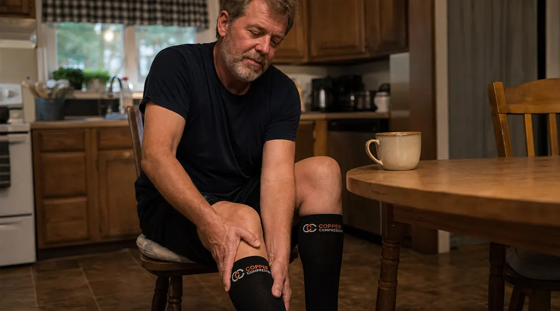 Six pairs of copper compression socks laid out flat on a surface