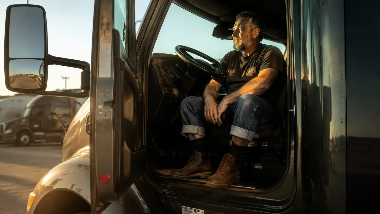 Truck driver sitting in the cab of a semi with compression socks visible, resting after a long haul