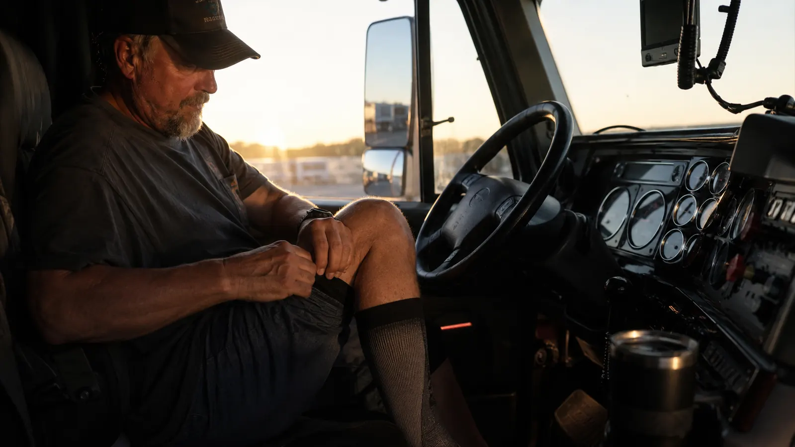 Truck driver seated in cab with compression socks visible against the seat, early morning light through windshield