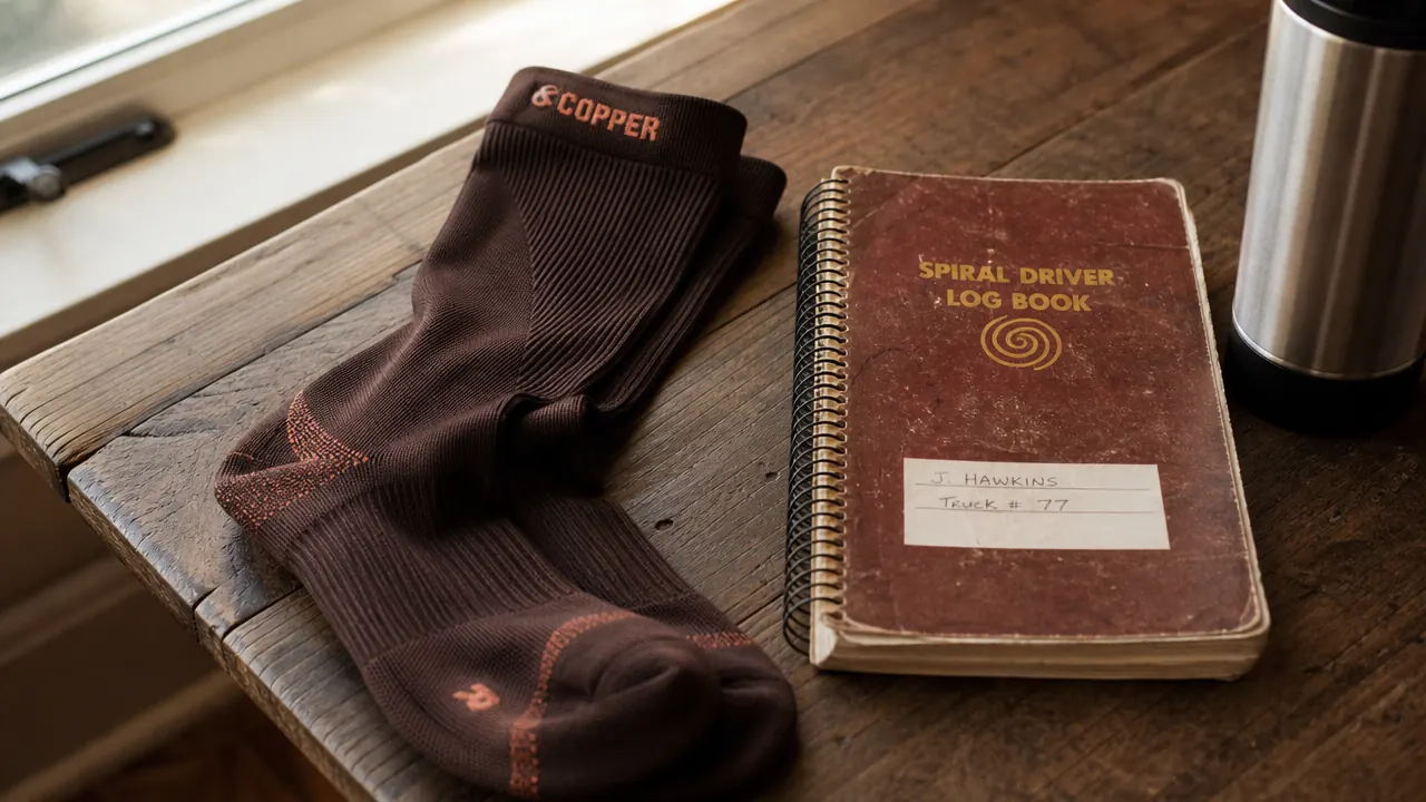 Pair of dark compression socks laid flat on a wooden surface next to a trucking logbook and a travel coffee mug