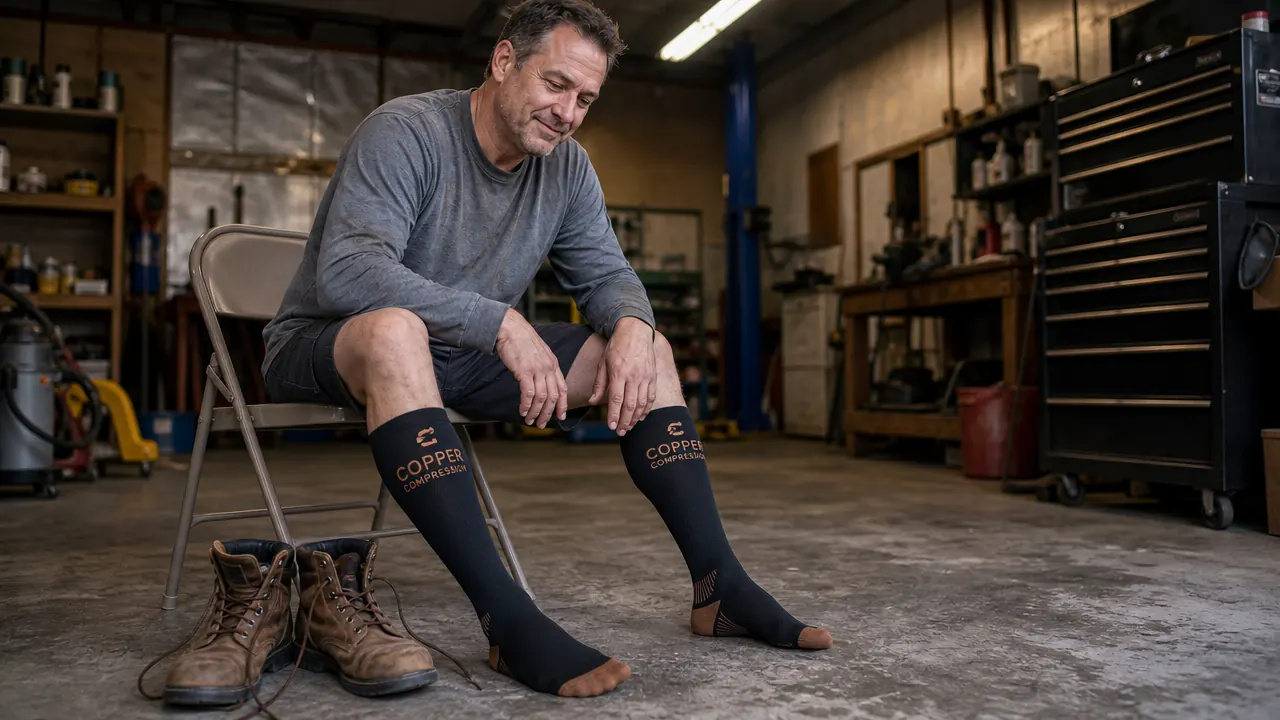 Copper compression socks laid out next to a pair of worn work boots on a garage floor