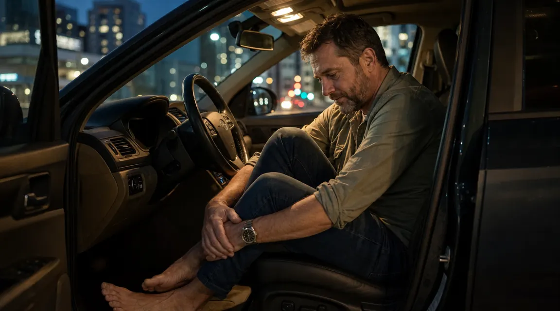 Tired rideshare driver sitting in car seat at night, rubbing swollen ankles after a long shift