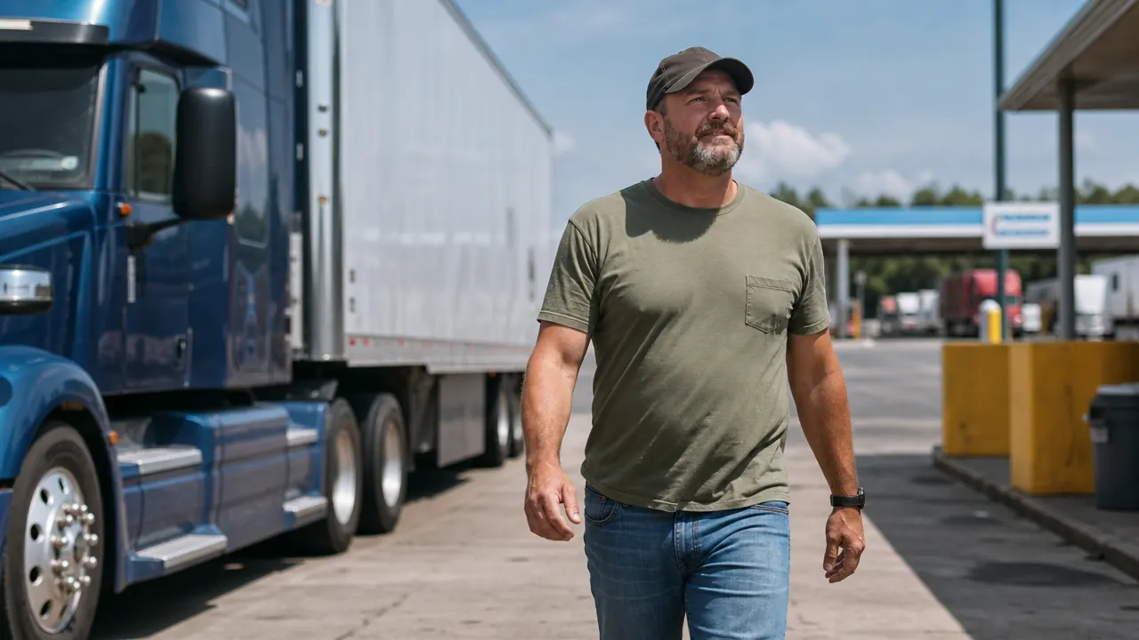 Truck driver walking away from his rig at a rest stop, rolling his shoulders back, relaxed posture