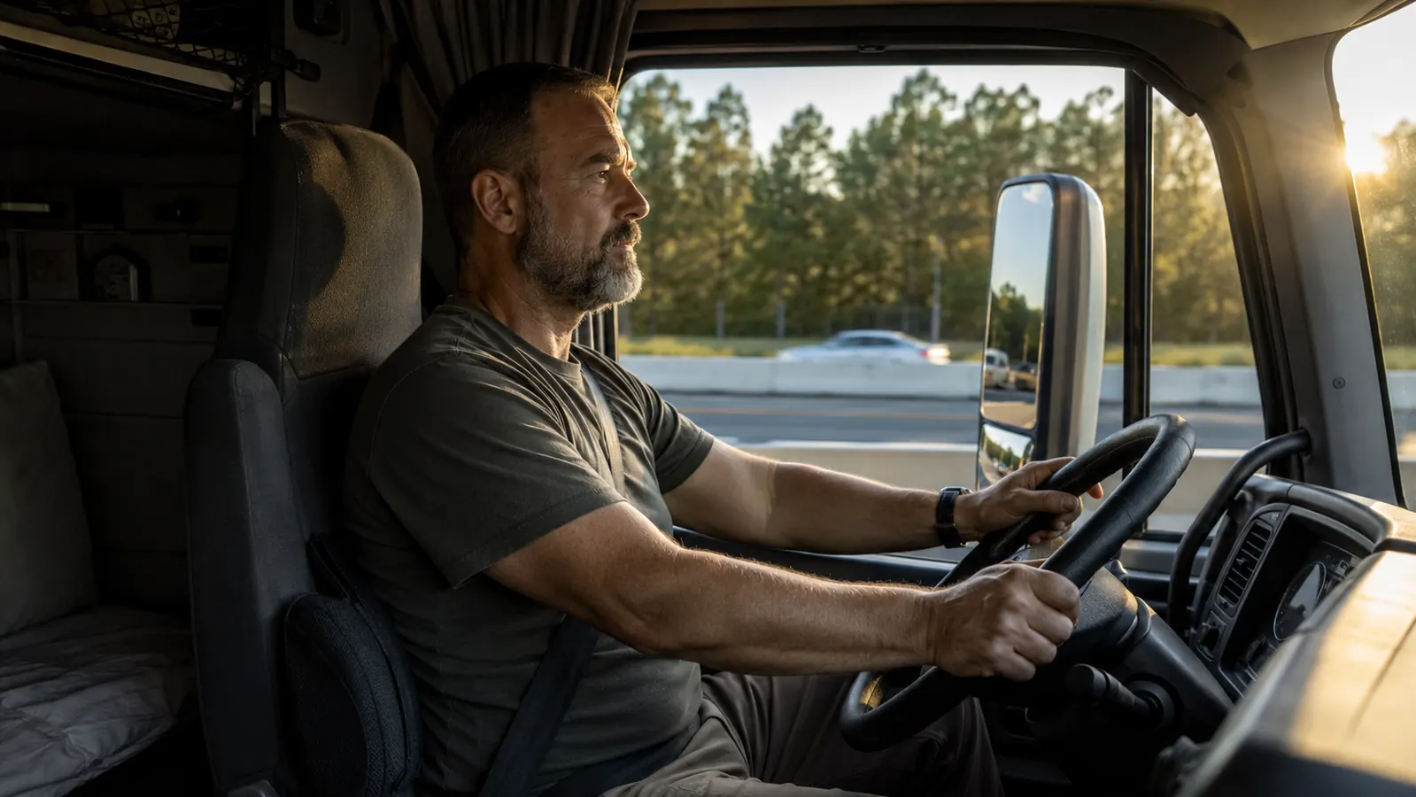 Truck driver sitting upright in cab seat with a lumbar support pillow visible behind his lower back, open highway through the windshield