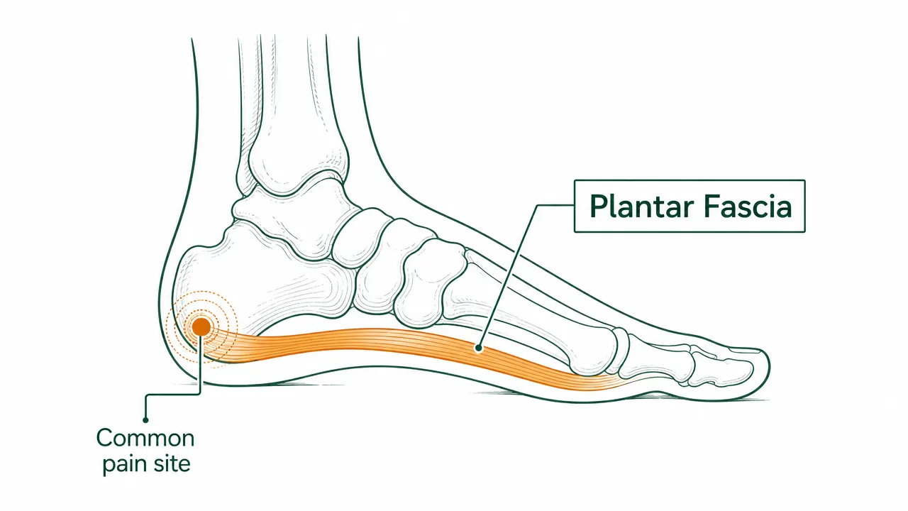 Side-by-side diagram showing plantar fascia anatomy and heel pain location on a foot