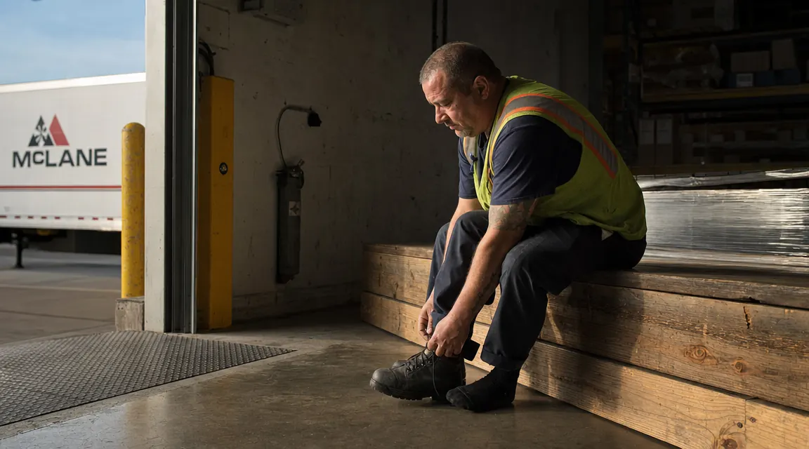 Tired warehouse worker sitting on a bench at end of shift removing work boots, feet on concrete floor