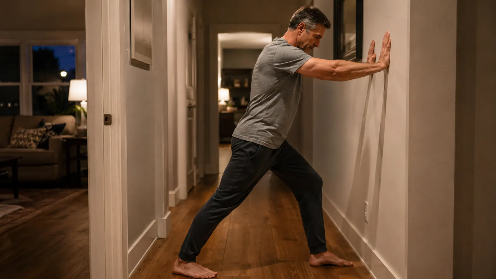 Man doing a standing calf stretch against a wall in a home entryway before bed