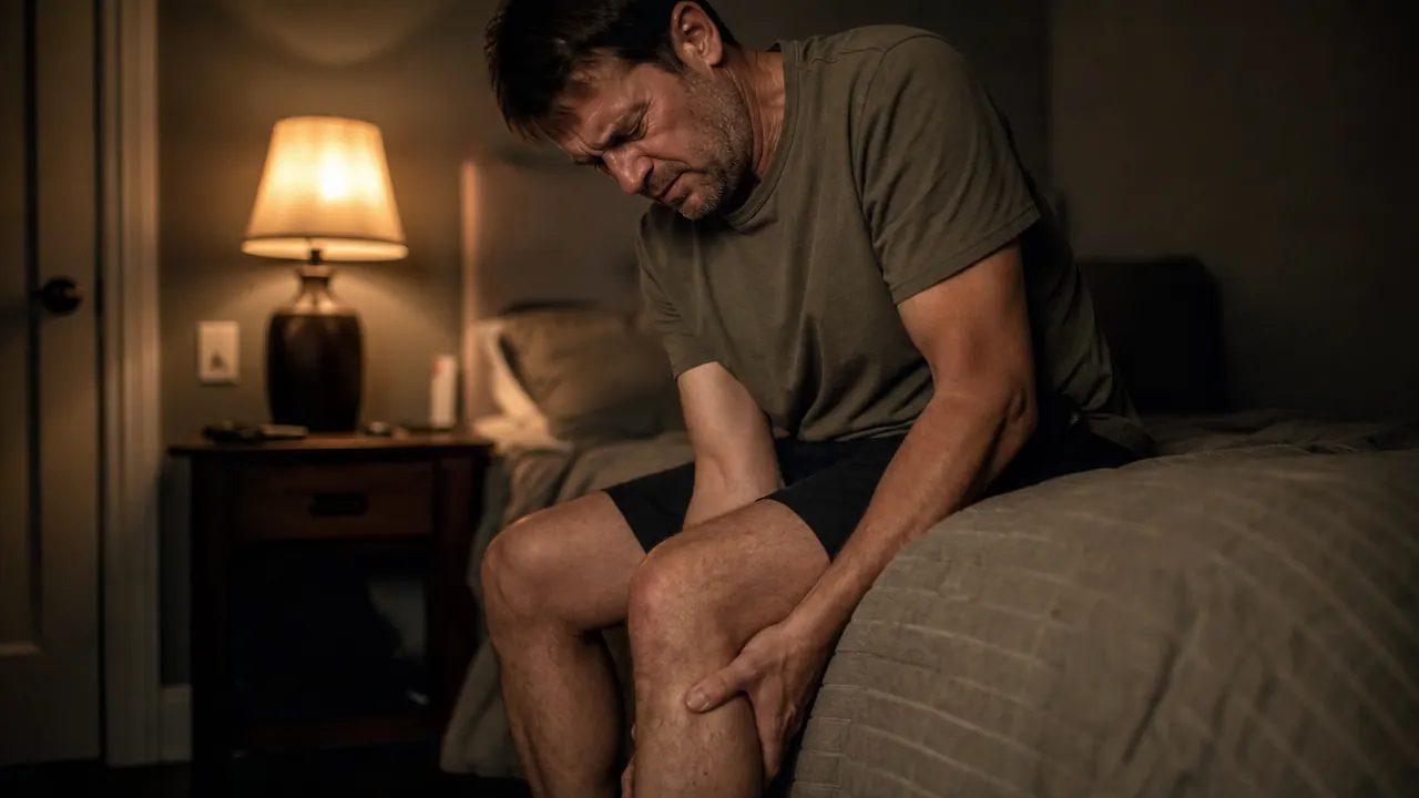 Man sitting on the edge of a bed at night gripping his calf during a leg cramp, dim bedside lamp in background
