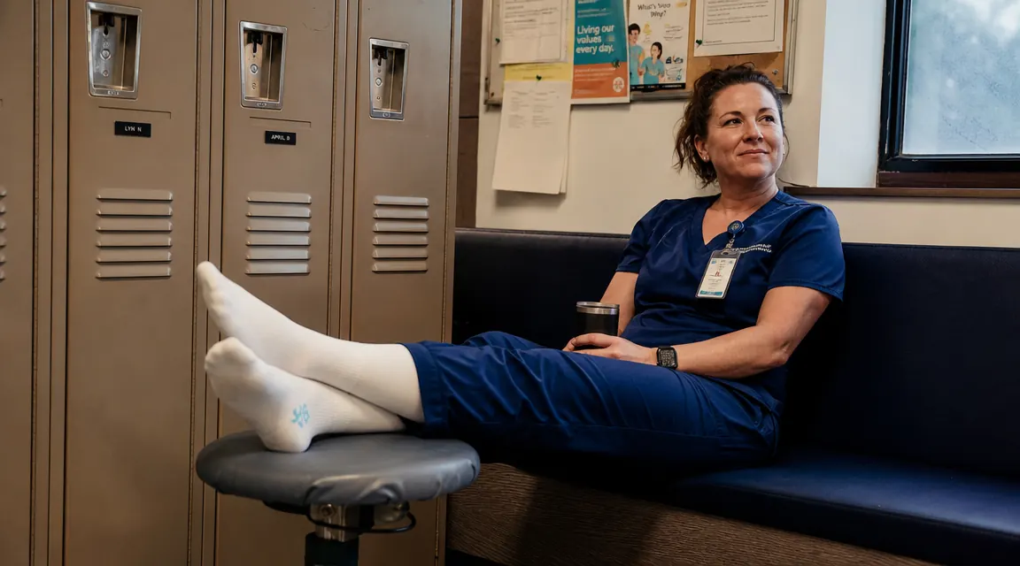 Nurse with compression socks sitting on bench with feet elevated on a low stool during a break