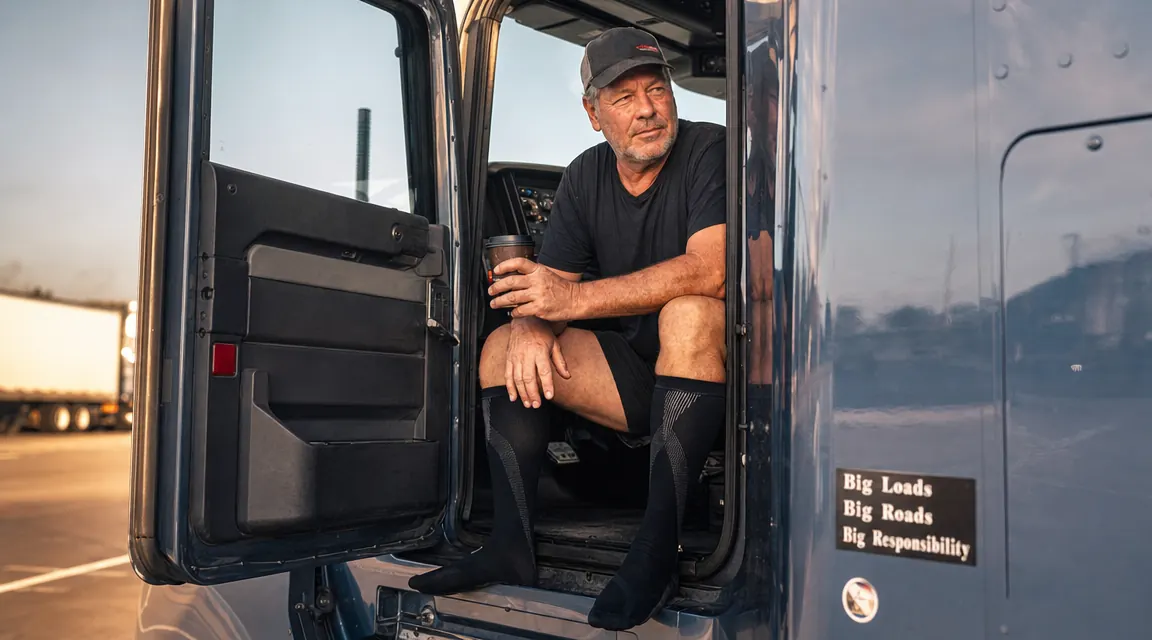 Truck driver sitting in cab with legs visible, compression socks on, parked at a rest stop in morning light