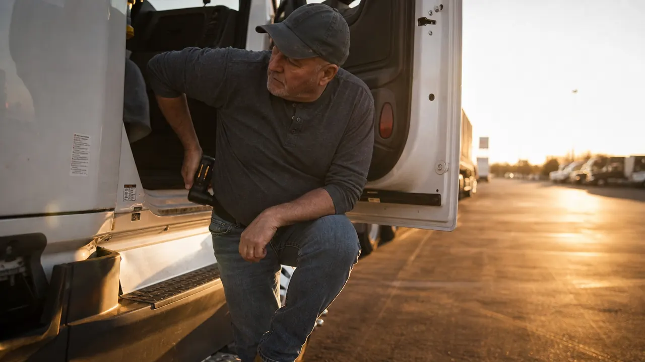 Man sitting on the edge of a truck cab bunk after a long shift, holding a massage gun at his lower back, highway rest stop in the background, late afternoon light