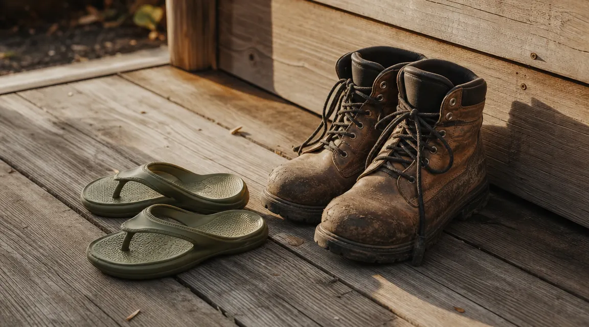 KuaiLu arch support flip flops on a wooden deck beside a pair of work boots, soft morning light