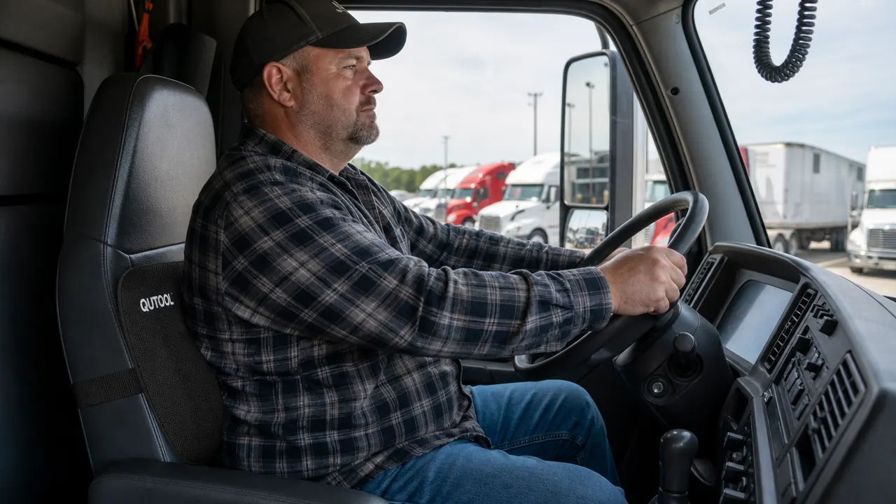QUTOOL lumbar support pillow strapped to a black truck seat, viewed from the driver's side