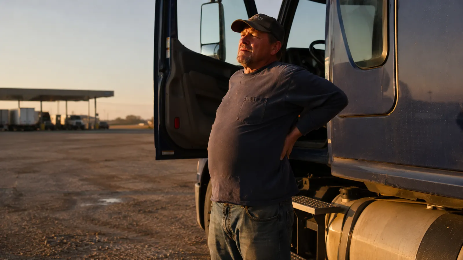 Truck driver rubbing his lower back beside an open cab door at a rest stop, early morning light
