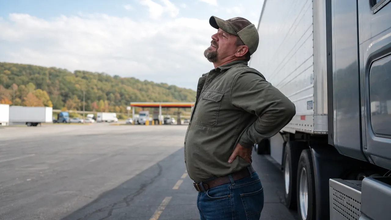 Truck driver stretching outside the cab at a rest stop, back and hips loosened up after a long haul