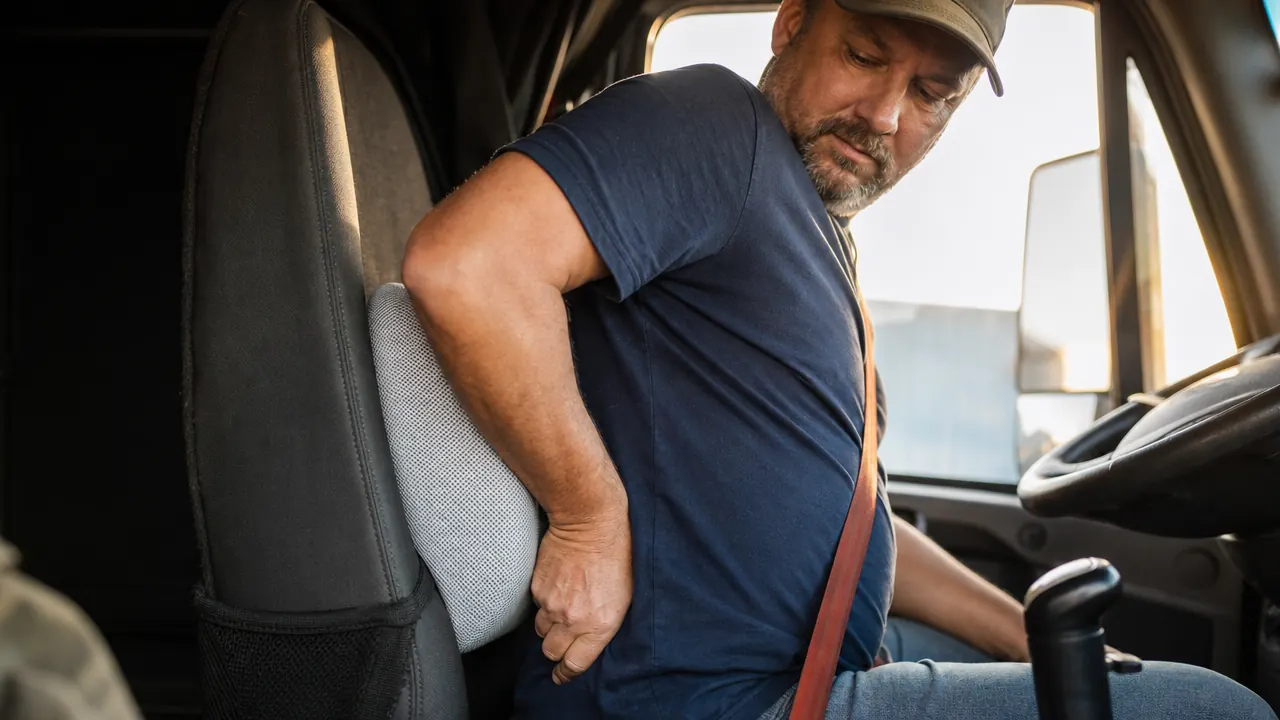 Truck driver adjusting a lumbar support pillow behind his lower back in the cab of a big rig, morning light through the windshield