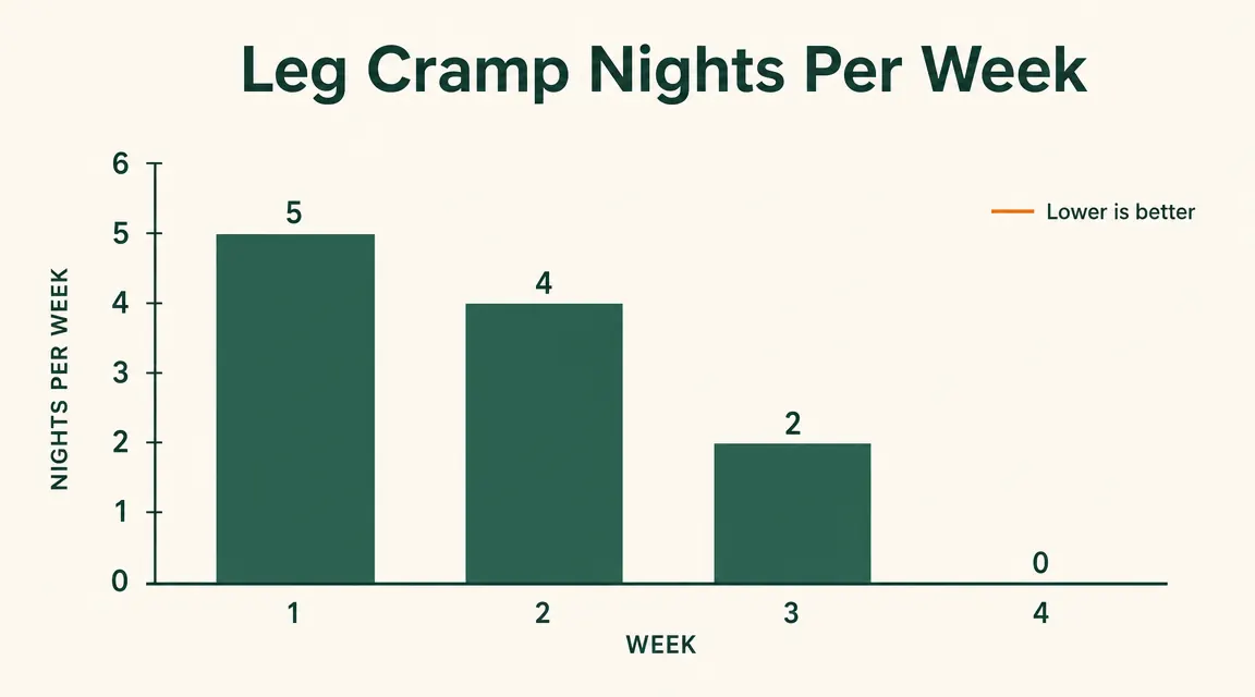 Chart showing leg cramp frequency by week, declining from five nights per week to zero over four weeks