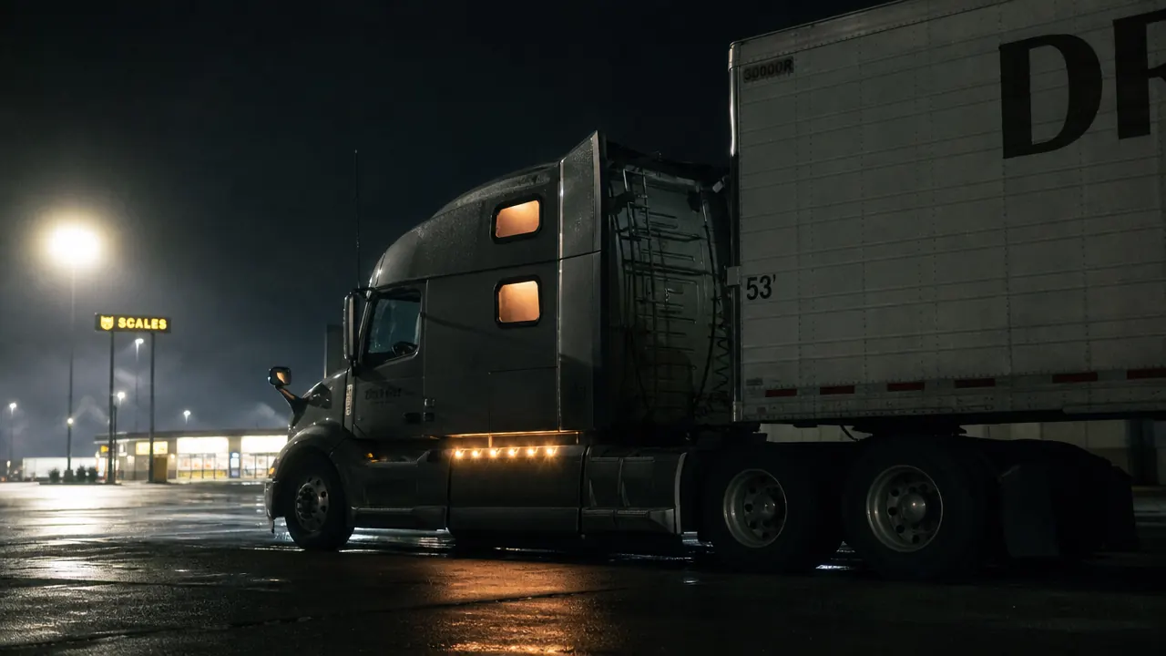 A long-haul truck parked at a rest stop at night, warm amber light glowing from the sleeper berth window