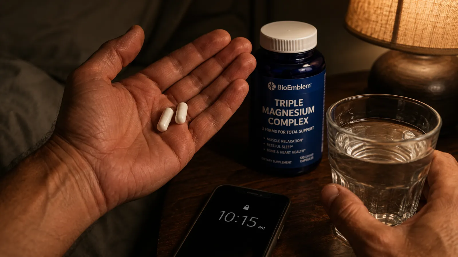 Hand holding two BioEmblem Triple Magnesium capsules over a glass of water on a wooden nightstand next to a phone showing 10:15 p.m.