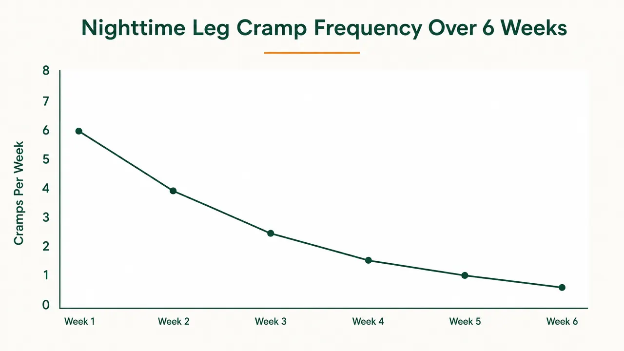 Line chart showing nighttime leg cramp frequency dropping from roughly six incidents per week in week one to under one per week by week six
