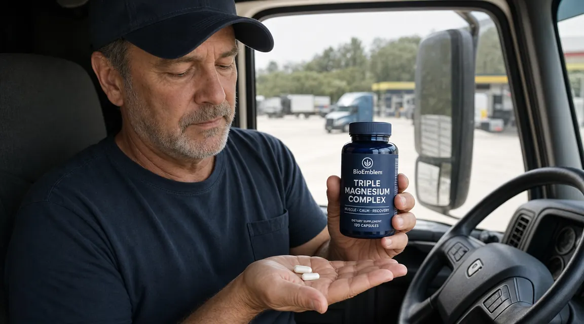 Hand holding two magnesium capsules over a palm, truck cab visible through the window in soft background