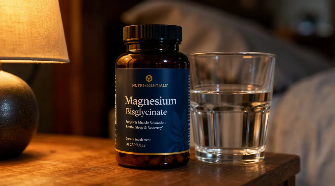 Brown glass supplement bottle of magnesium capsules on a wooden nightstand next to a glass of water, warm amber bedside lamp