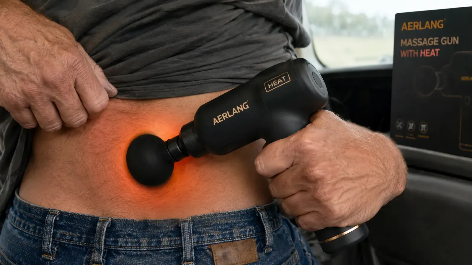 Hand holding the AERLANG heated massage gun against a lower back, heat indicator glowing orange