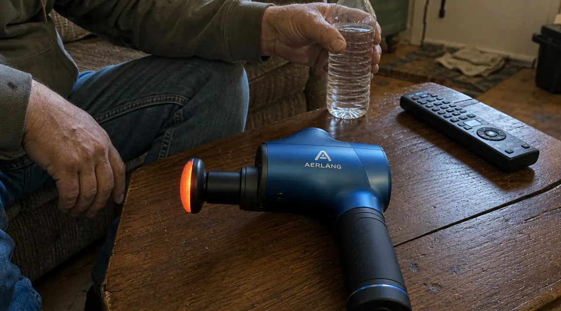 AERLANG massage gun with heat attachment resting on a coffee table next to a TV remote and a water bottle