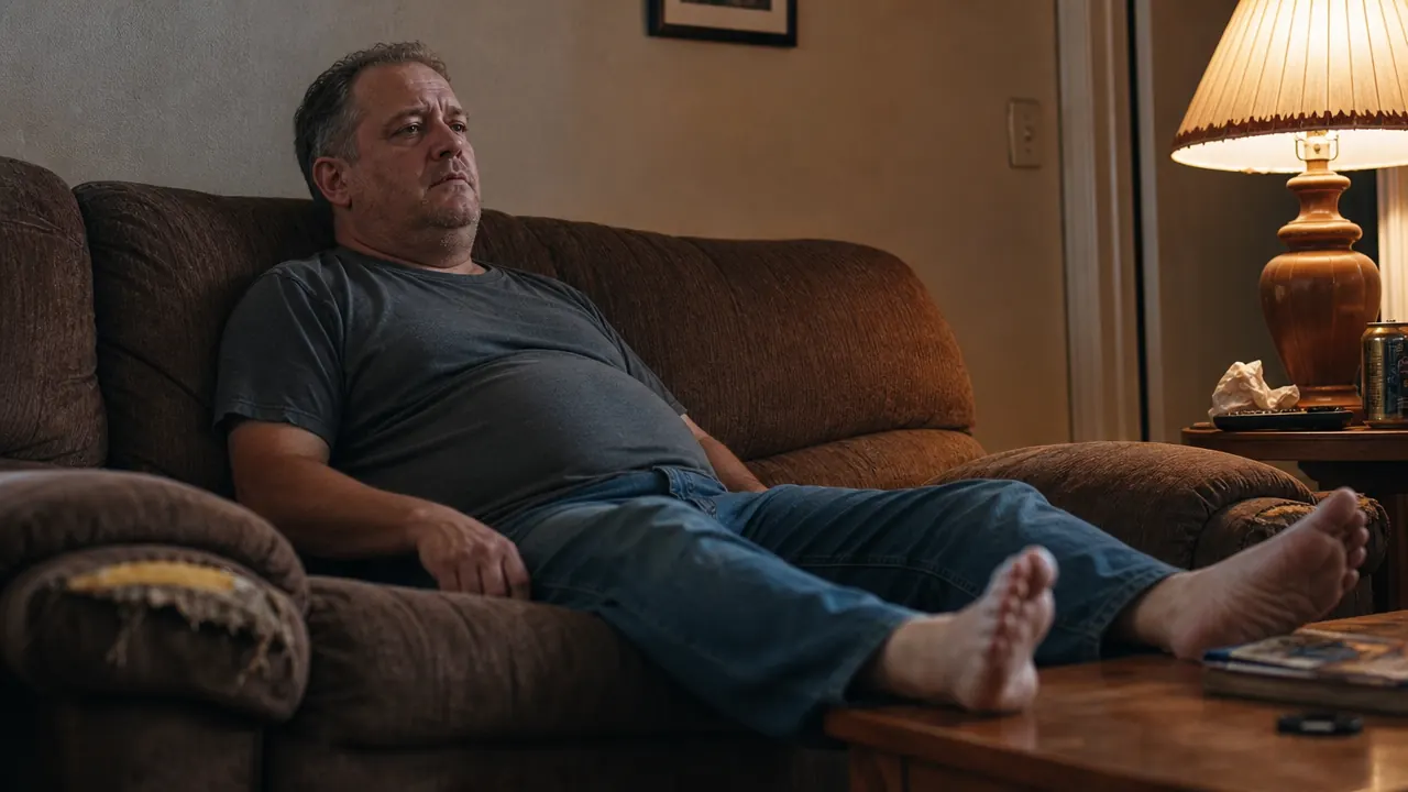 Tired delivery driver sitting on couch after a long shift, shoes off, leaning back with eyes closed in a small living room