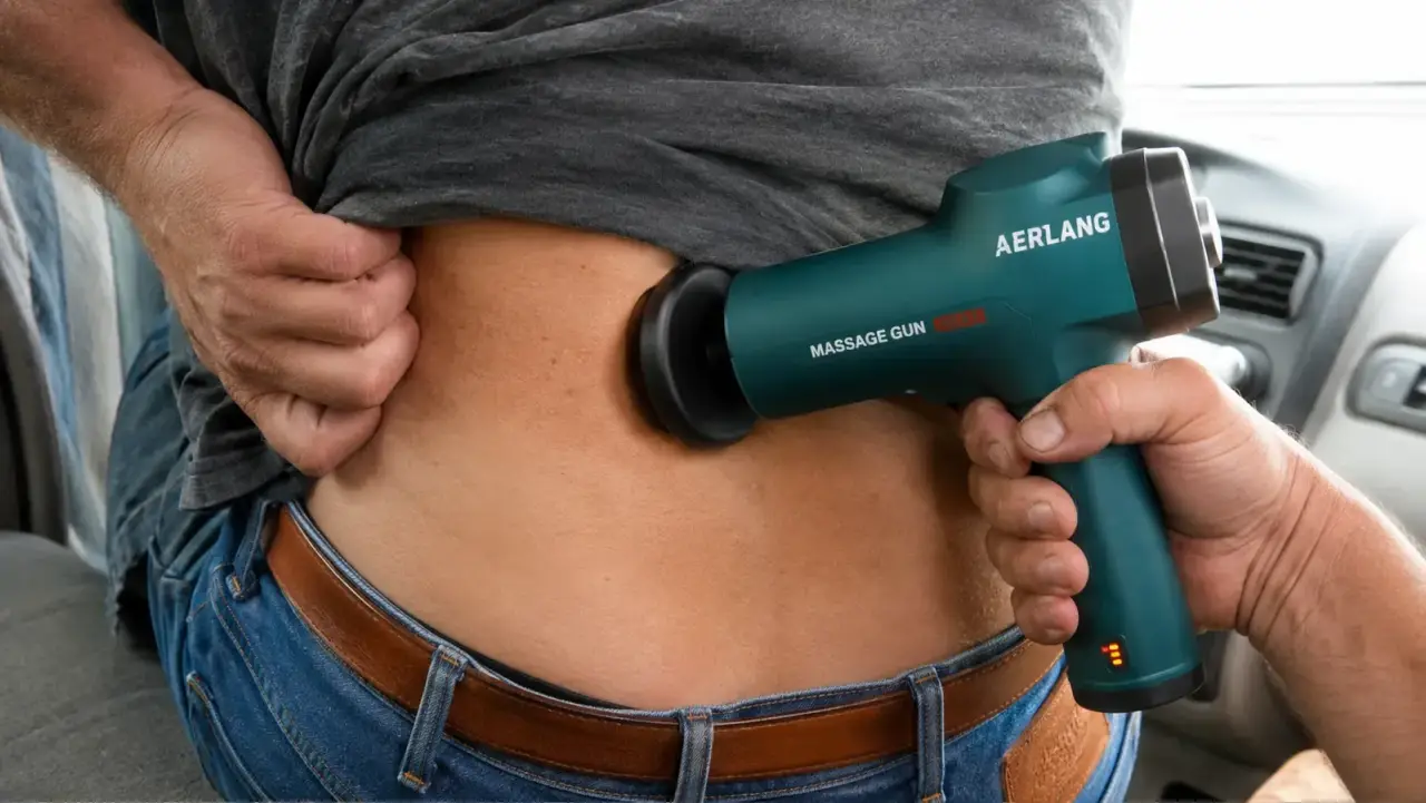 Close-up of a hand pressing the heated flat head attachment of the AERLANG massage gun against a lower back, orange heat indicator light glowing