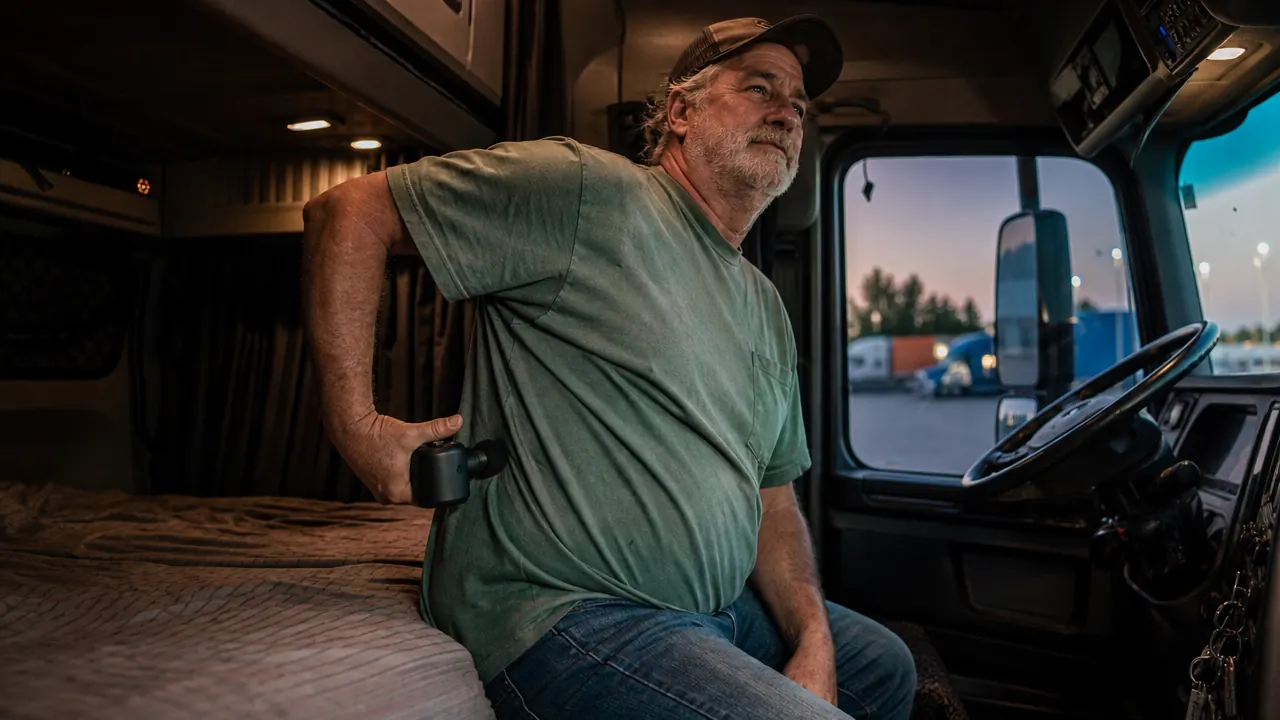 Truck driver sitting on the edge of a sleeper berth bunk holding a massage gun against his lower back, interior cab lighting, early evening