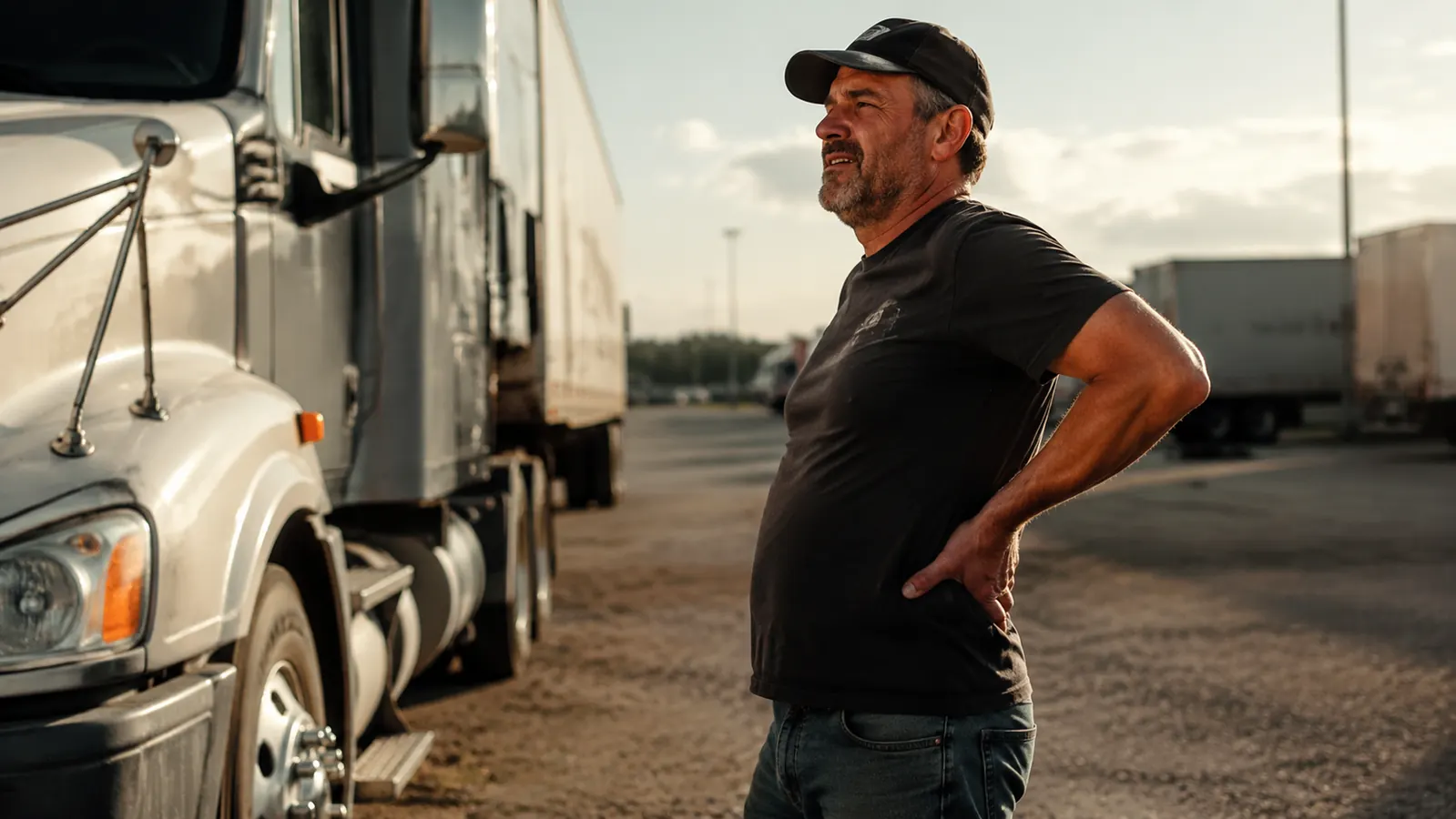 Truck driver stretching his lower back outside his cab at a rest stop in the late afternoon