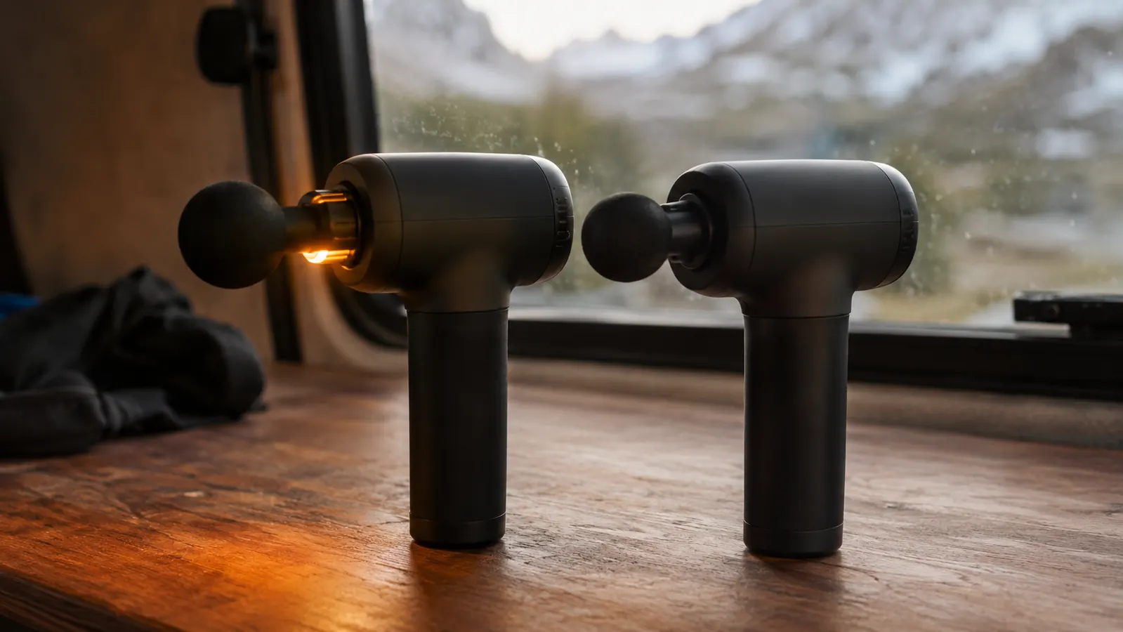 Two massage guns side by side on a wooden surface, one with a glowing heat indicator, one standard, with a truck cab visible through the window behind them