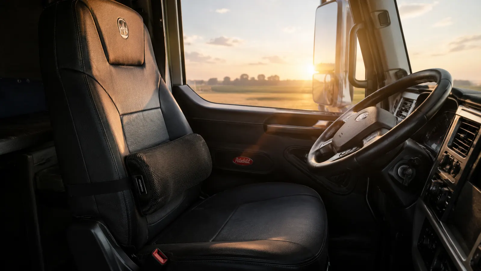 QUTOOL lumbar support pillow strapped to a black vinyl semi truck seat, cab interior visible in soft morning light