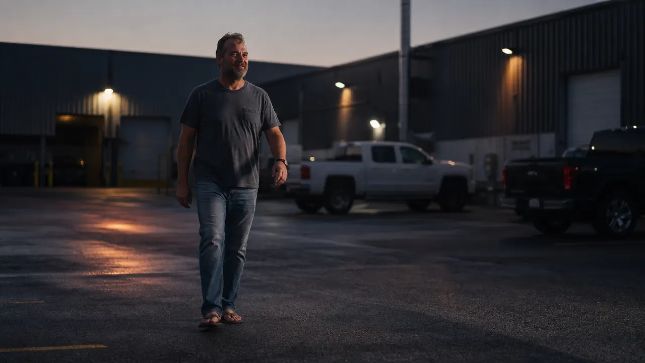 Man walking comfortably across a parking lot in recovery sandals after work, relaxed posture