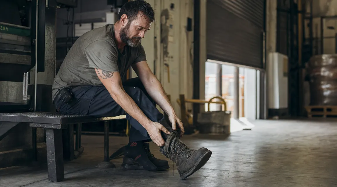 Tired warehouse worker removing work boots after a long shift, sitting on a bench near a loading dock
