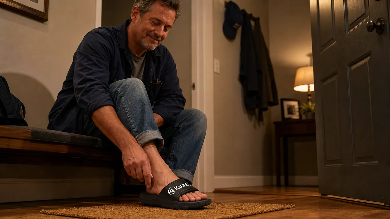 Close-up of the KuaiLu sandal's contoured arch support and deep heel cup, held in a man's hand